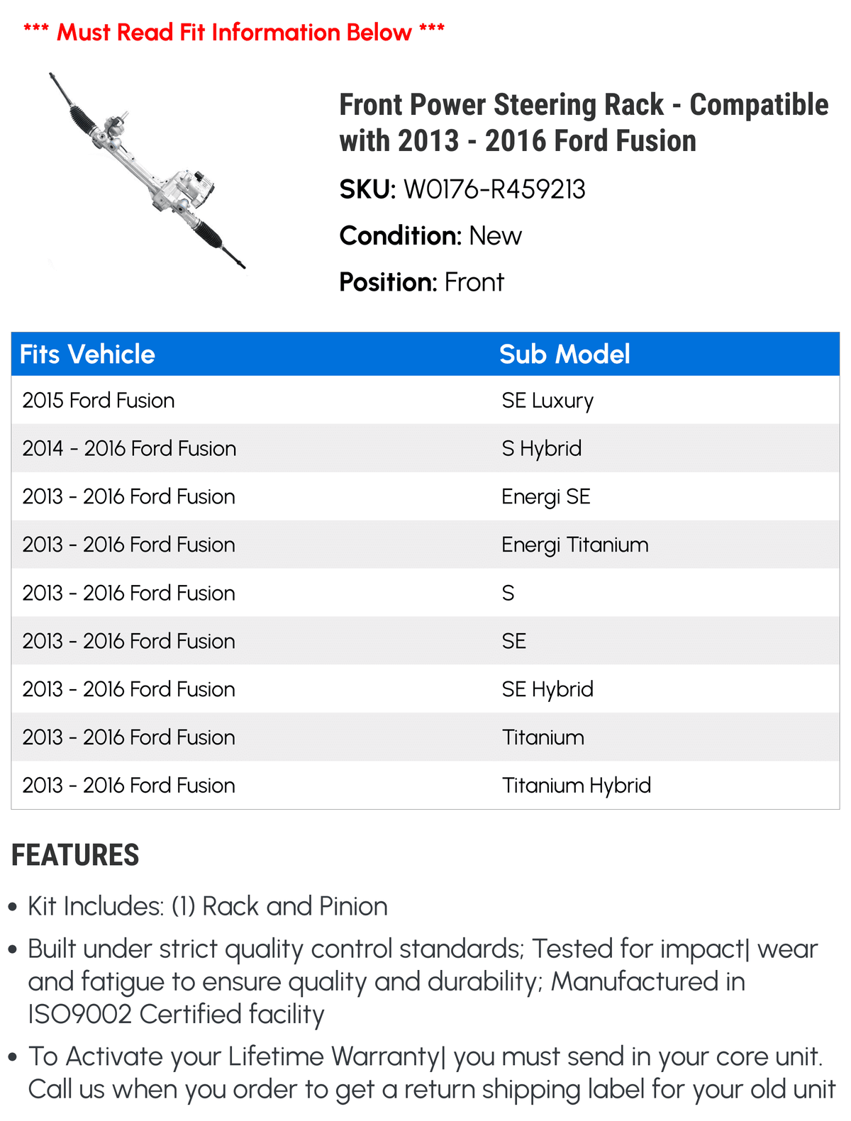 Front Electric Power Steering Rack - suitable with 2013 - 2016  Fusion 2014 2015