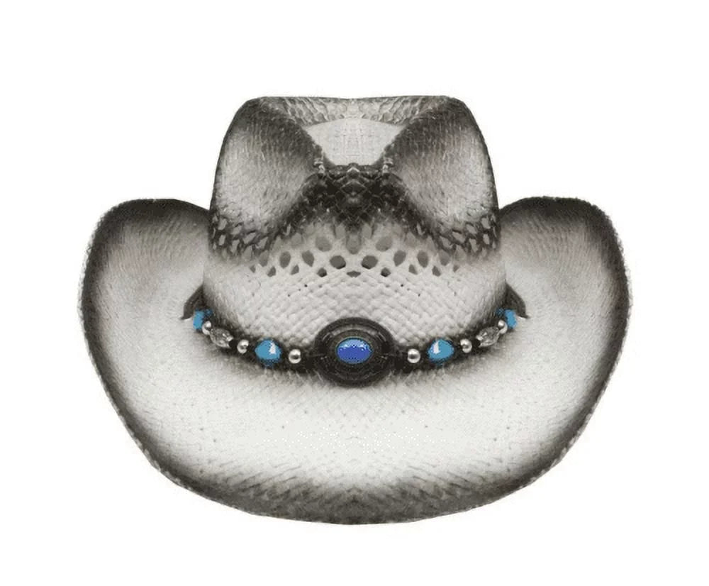 WHITE Tea Stain COWBOY Straw HAT w/ Turquoise Blue Beads WOMEN WESTERN Cowgirl
