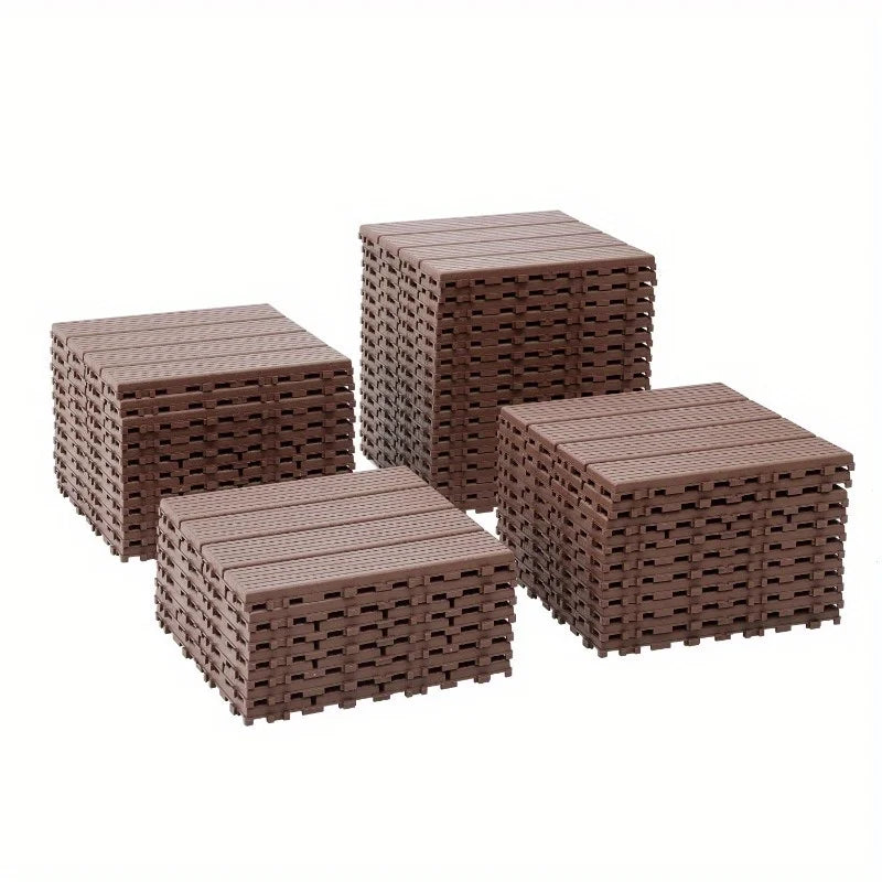 44 PCS Plastic Interlocking Deck Tiles-11.8"x11.8"Waterproof Outdoor Floor All elements Use,Patio Floor Decking Tiles for Porch Poolside Balcony Backyard,Stripe Texture,Brown