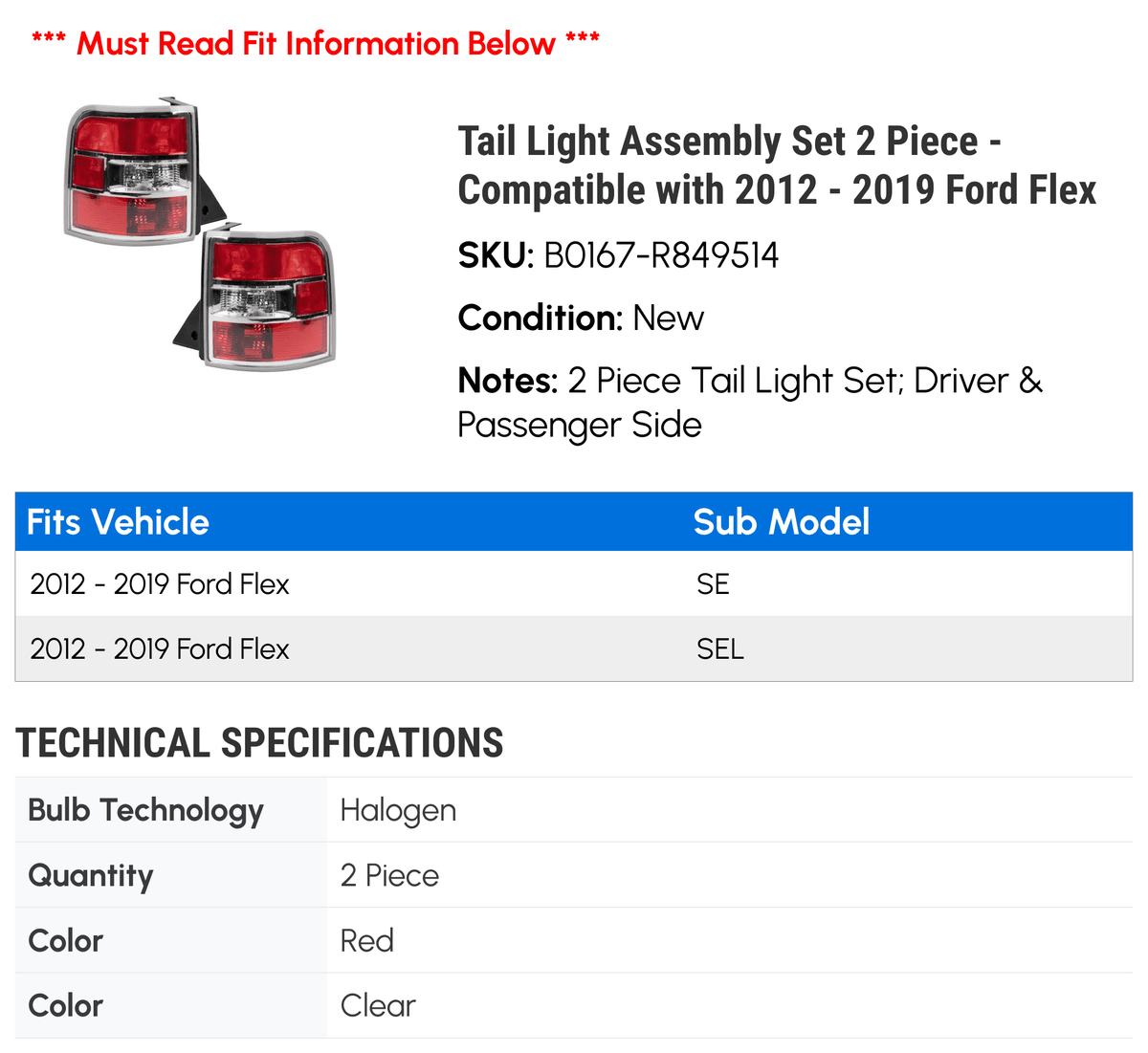 Tail Light Assembly Set 2 Piece - matching with 2012 - 2019  Flex 2013 2014 2015 2016 2017 2018