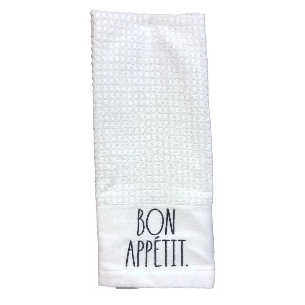 Rae Dunn Christmas Kitchen Towels Set of 2 White CHEERS - BON APPETIT  Black LL Letter
