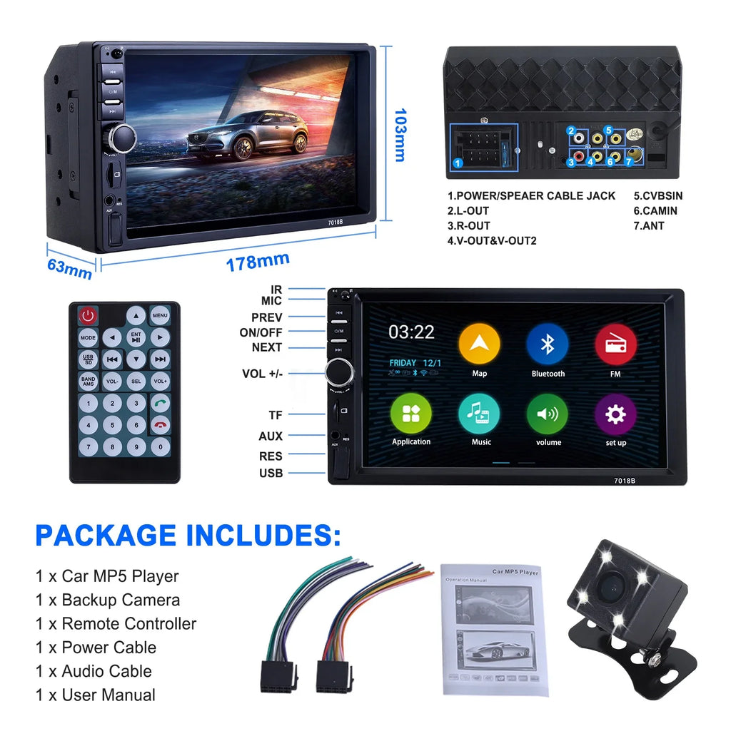 7" Car Stereo Double Din Bluetooth Car Radio Touch Screen Car Radio Audio Receiver  Radio with Backup Camera - Support Mirror Link/USB/SD/AUX, Hands Free Calling