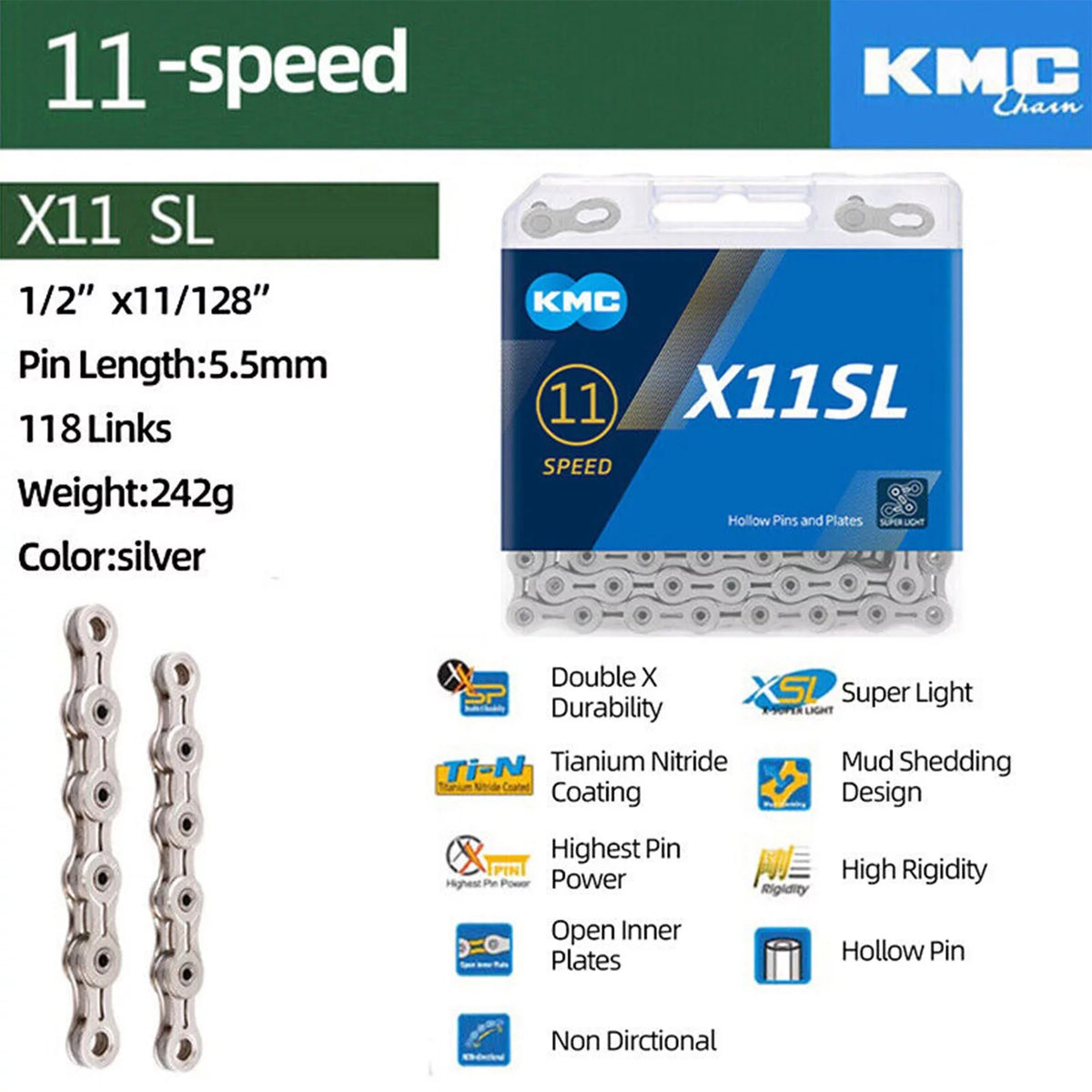 KMC X11SL Speed Mountain Road Bike Chain Reusable Missing Link 11 for 11-Speed Drivetrain System
