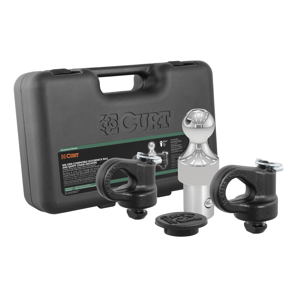 CURT Mfg 60692 OEM-suitable Gooseneck Ball & Safety Chain Anchor Kit for GM - Fits GM pickup trucks with factory tow packages | Includes storage case and rubber hole protector