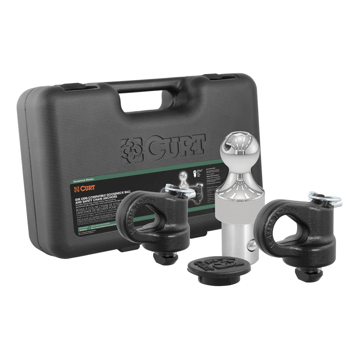 CURT Mfg 60692 OEM-suitable Gooseneck Ball & Safety Chain Anchor Kit for GM - Fits GM pickup trucks with factory tow packages | Includes storage case and rubber hole protector