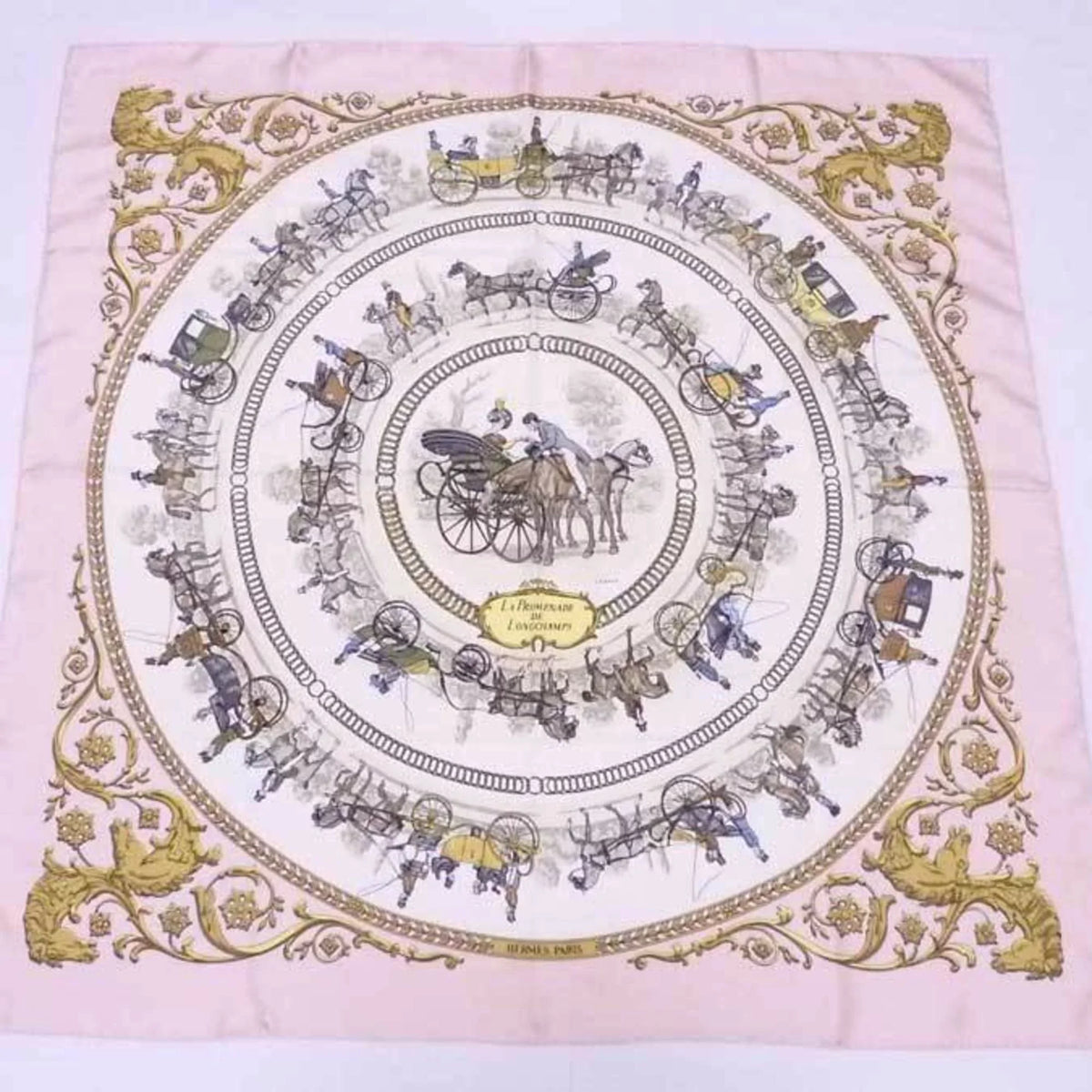 Pre-Owned Hermes HERMES Scarf Carre 90 La Promenade De Longchamps Silk Pink x Multicolor Ladies (Good)