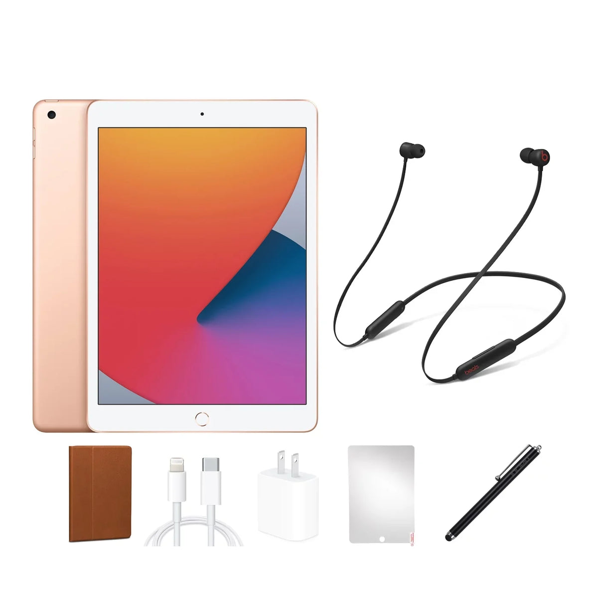 BUNDLE INCLUDES: iPad Beats Flex Headphones, Case, Screen Protector, stylus pen, charging accessories.. Refurbished  iPad 8 (8th Gen, 2020) 32GB, Gold, Wi-Fi only, Beats Bundle