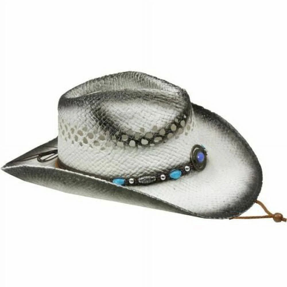 WHITE Tea Stain COWBOY Straw HAT w/ Turquoise Blue Beads WOMEN WESTERN Cowgirl