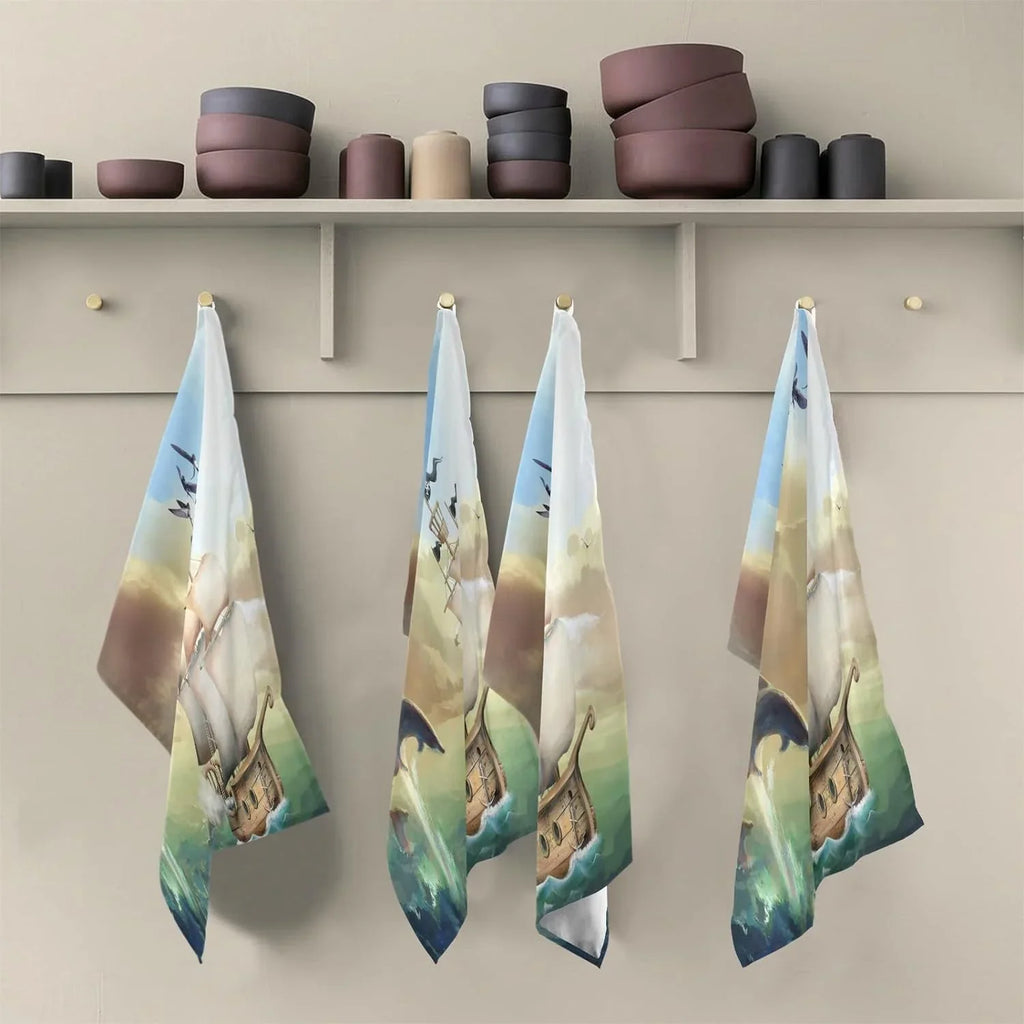 Jumping Dolphins Sailboat Tea Towels Set of 6 Ocean Summer Kitchen Dish Cloth with Hanging Loop, 18"x28"Lint-Free Absorbent Towel for Kitchen Drying Wiping and Cleaning