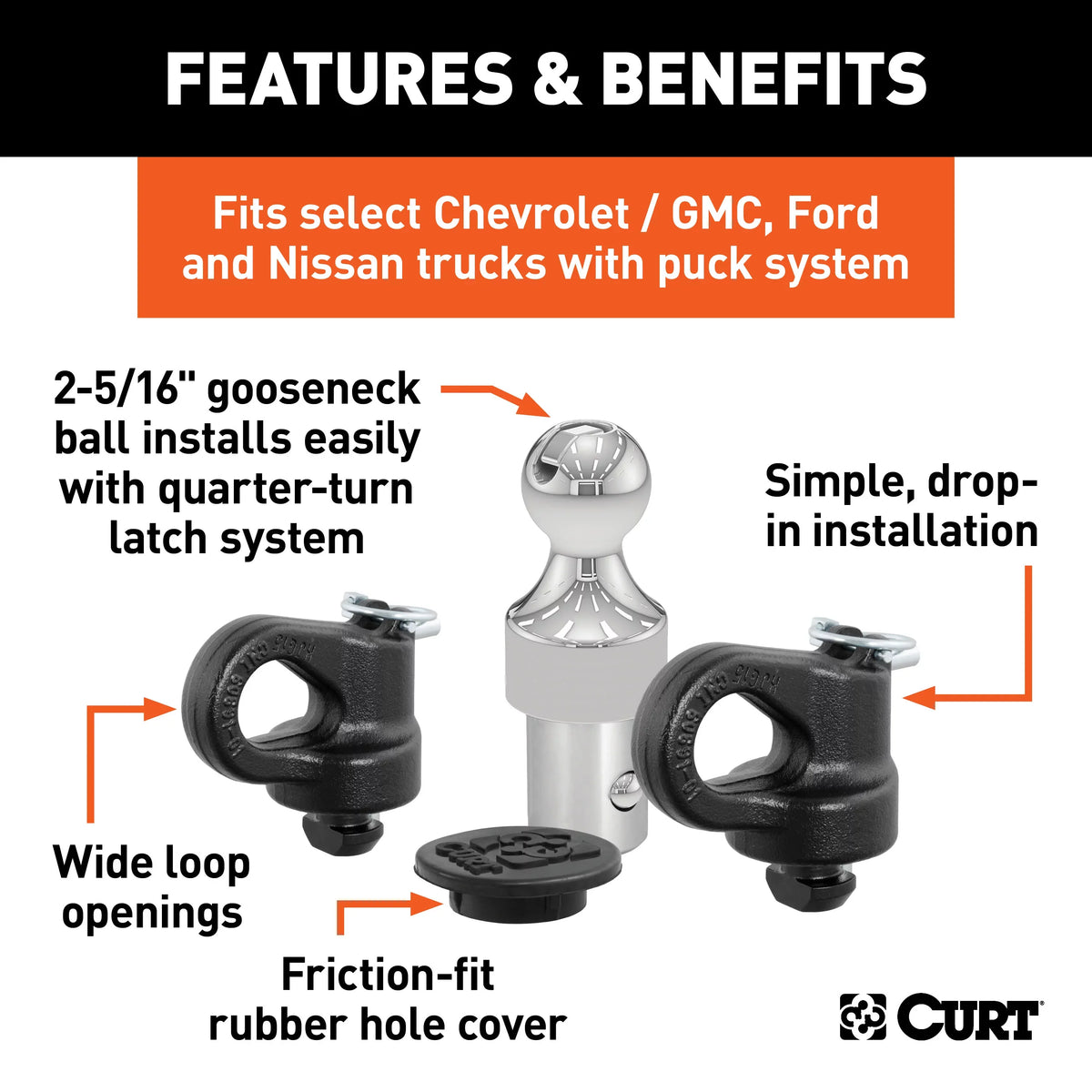 CURT Mfg 60692 OEM-suitable Gooseneck Ball & Safety Chain Anchor Kit for GM - Fits GM pickup trucks with factory tow packages | Includes storage case and rubber hole protector