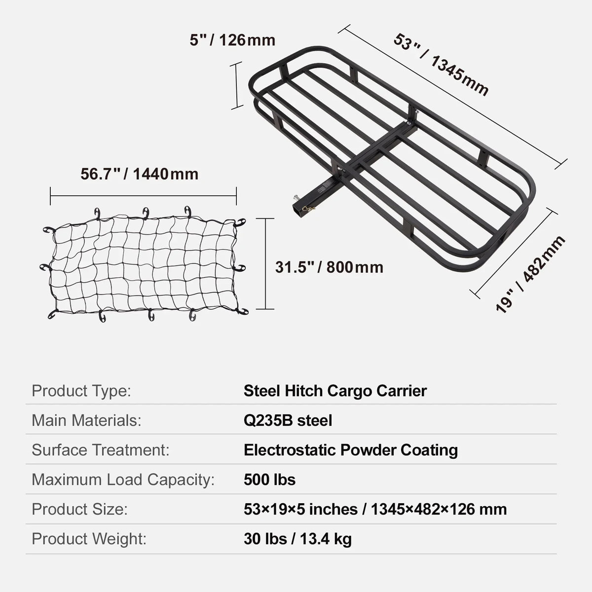 SKYSHALO Hitch Mount Cargo Carrier 500lb 53x19x5 in & Cargo Net Fits 2" Receiver