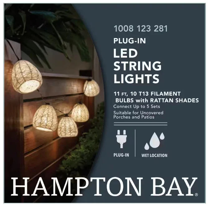 Plug-In Mini Bulb LED Natural Fiber String Light (10-Heads). Hampton Bay Outdoor/Indoor 11 ft