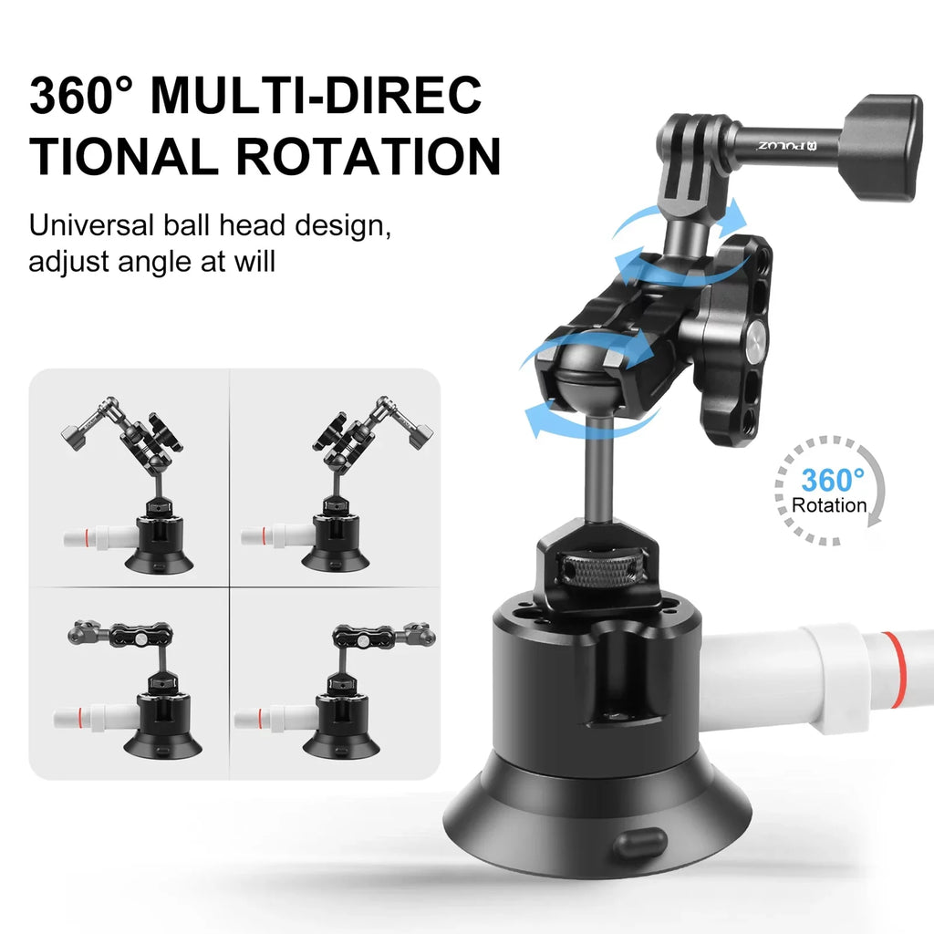 PULUZ PU845B Suction Cup Mount for Action Camera Suction Camera Mount Bracket Dual 360° Rotatable Ballheads Replacement for GoPro Hero 11/10/9/8, Osmo Action 3/2