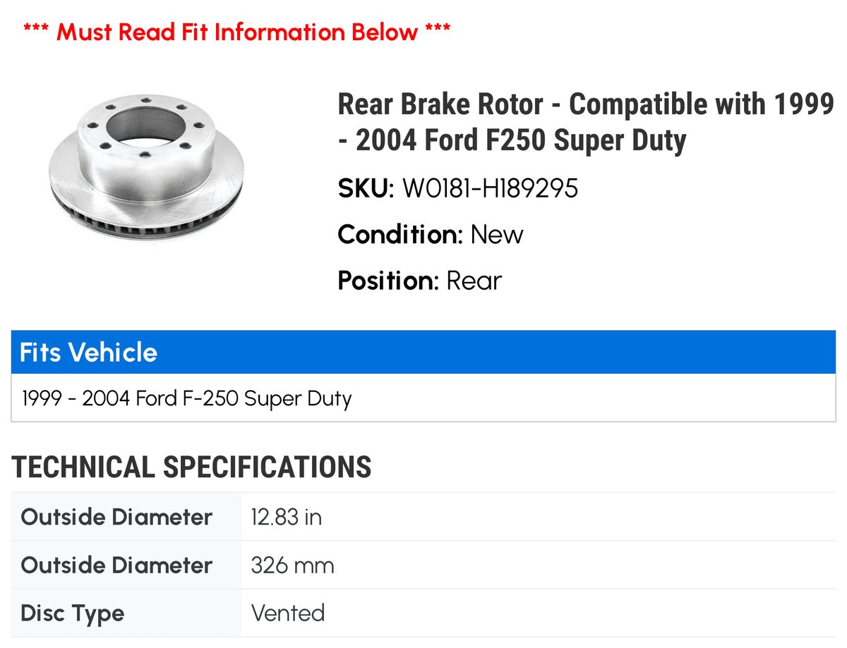 Rear Brake Rotor - appropriate with 1999 - 2004  F250 Super Duty 2000 2001 2002 2003