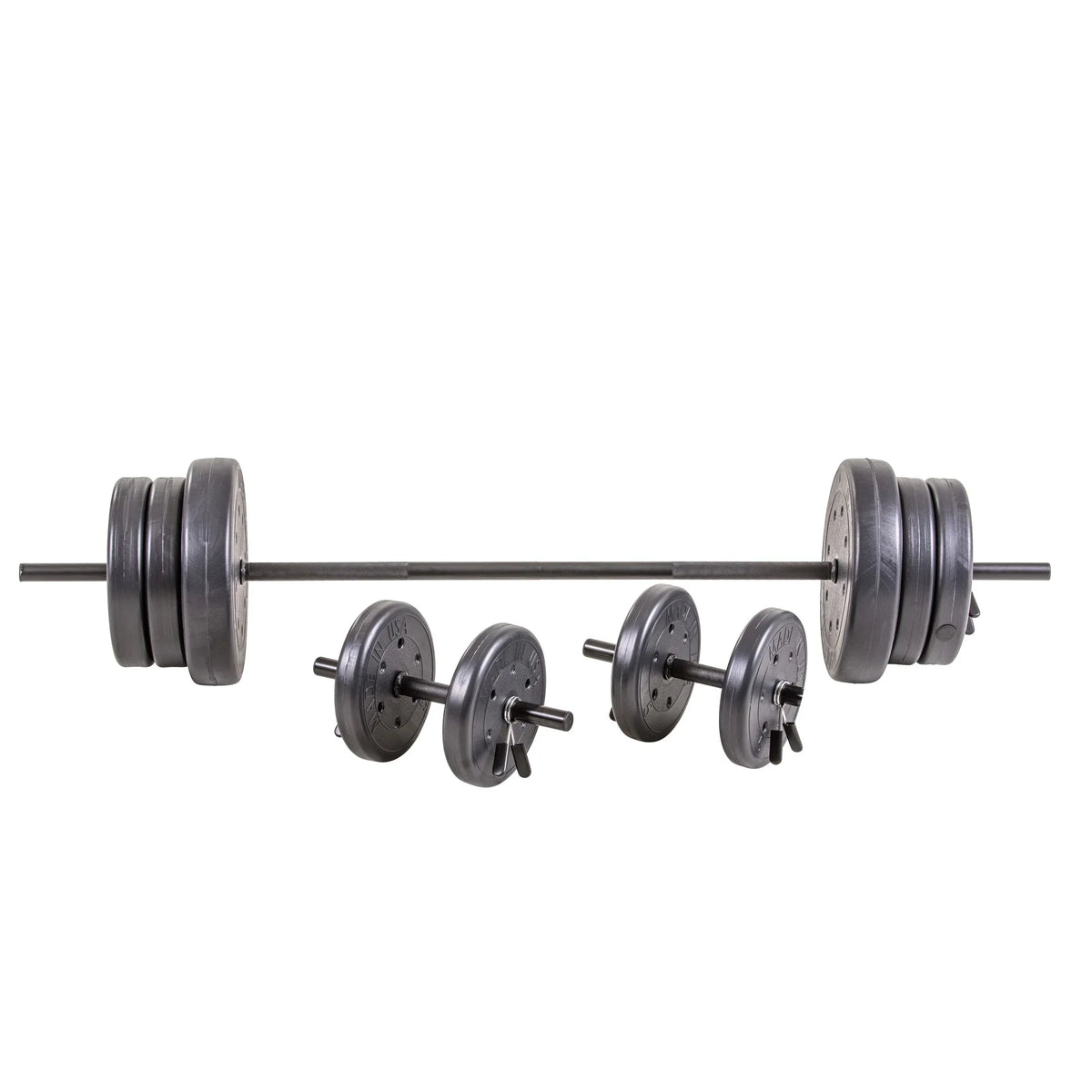 Weights, Two Dumbbell Bars & Full 6-foot Length Bar. and Four 5 lb. 105 lb Barbell and Dumbell  Weight Set Featuring Two 20 lb., Four 10 lb