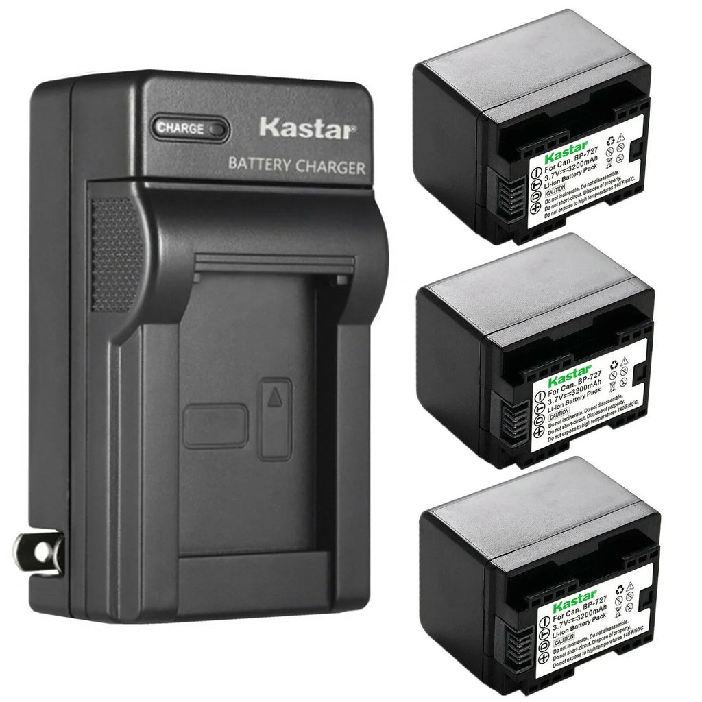 Kastar 3-Pack BP-727 BP727 Battery and AC Wall Charger matching with  VIXIA HF R500 HFR500, VIXIA HF R600 HFR600, VIXIA HF R700 HFR700, VIXIA HF R800 HFR800, LEGRIA HF M36 HFM36 Cameras