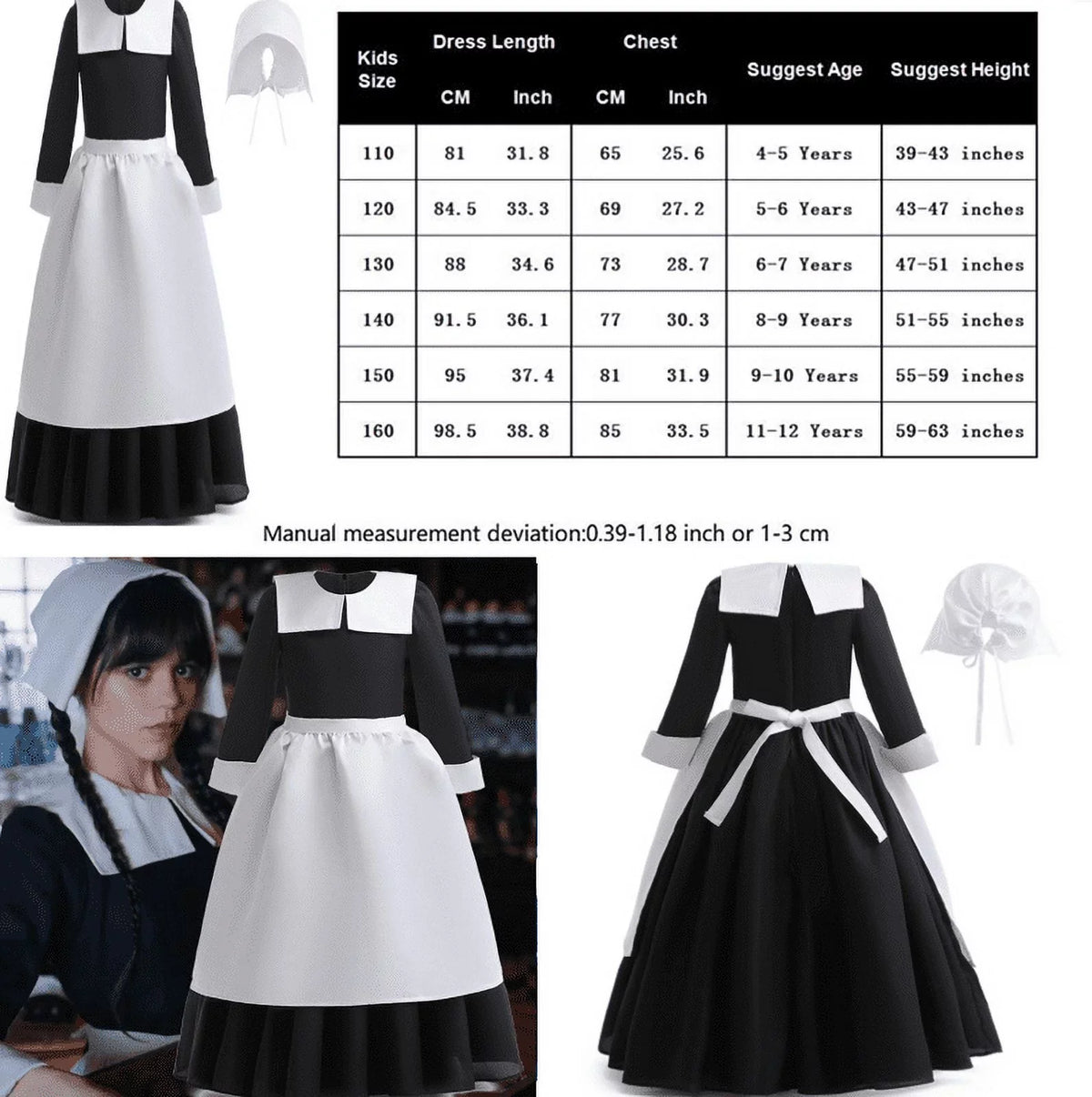 Hkiytime Dress 2022 TV Series Kids Girls Wednesday Addams Dress Long Sleeve Skirt Halloween Cosplay Outfit Clothes with Wig