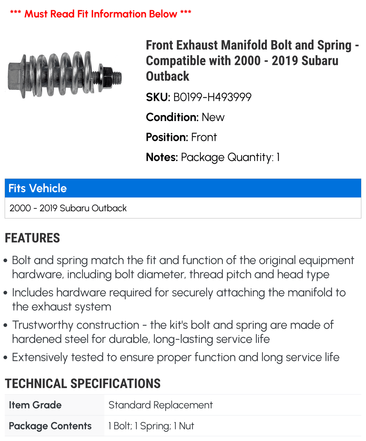 Front Exhaust Manifold Bolt and Spring - suitable with 2000 - 2019 Subaru Outback 2001 2002 2003 2004 2005 2006 2007 2008 2009 2010 2011 2012 2013 2014 2015 2016 2017 2018