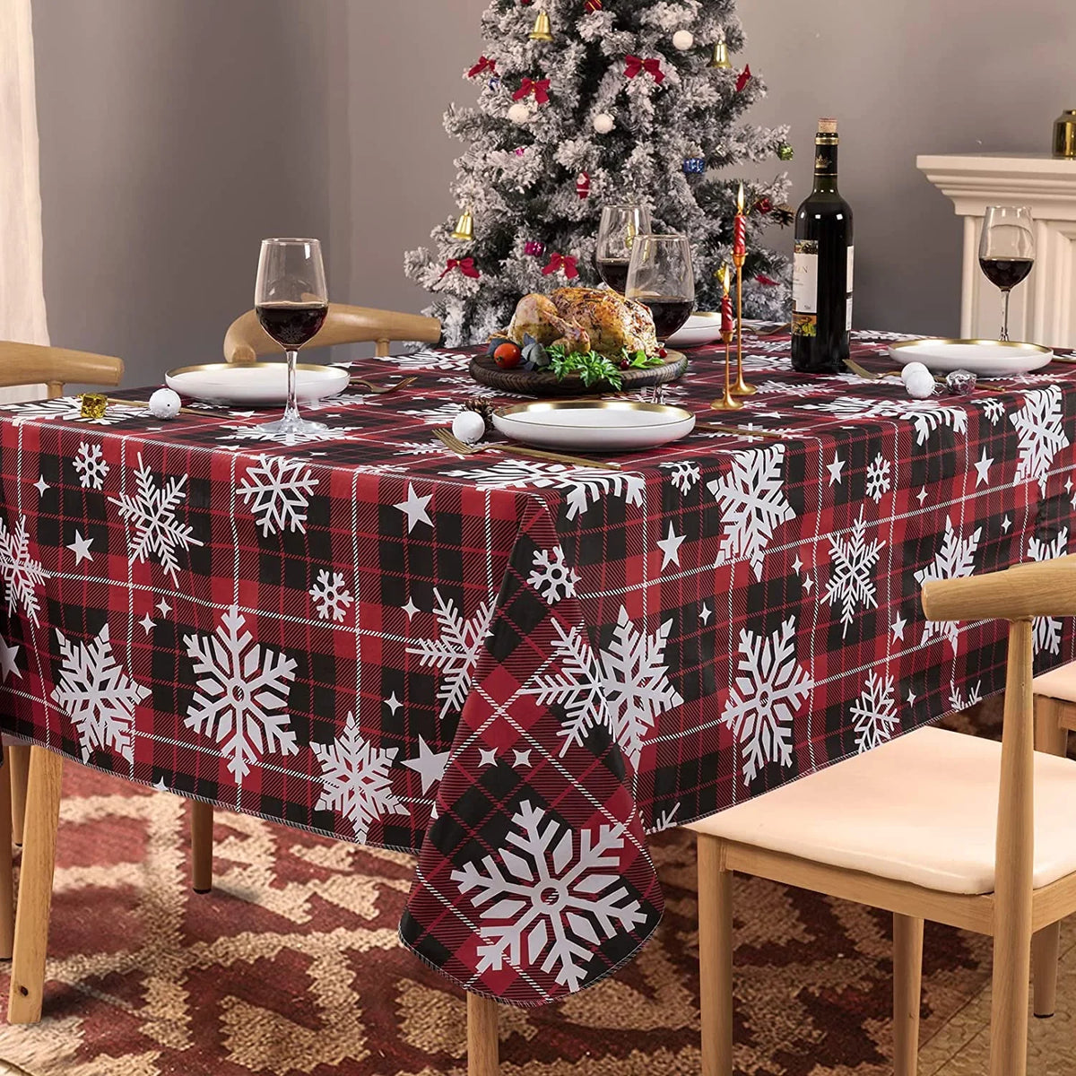 UMINEUX Christmas Tablecloth with Flannel Backing, Waterproof Wipeable Vinyl Rectangle Table wrap for Xmas Parties/Wedding/Holiday/Decoration Use - Heavy Duty Table wrap(60x102 Inch, Snowflake)
