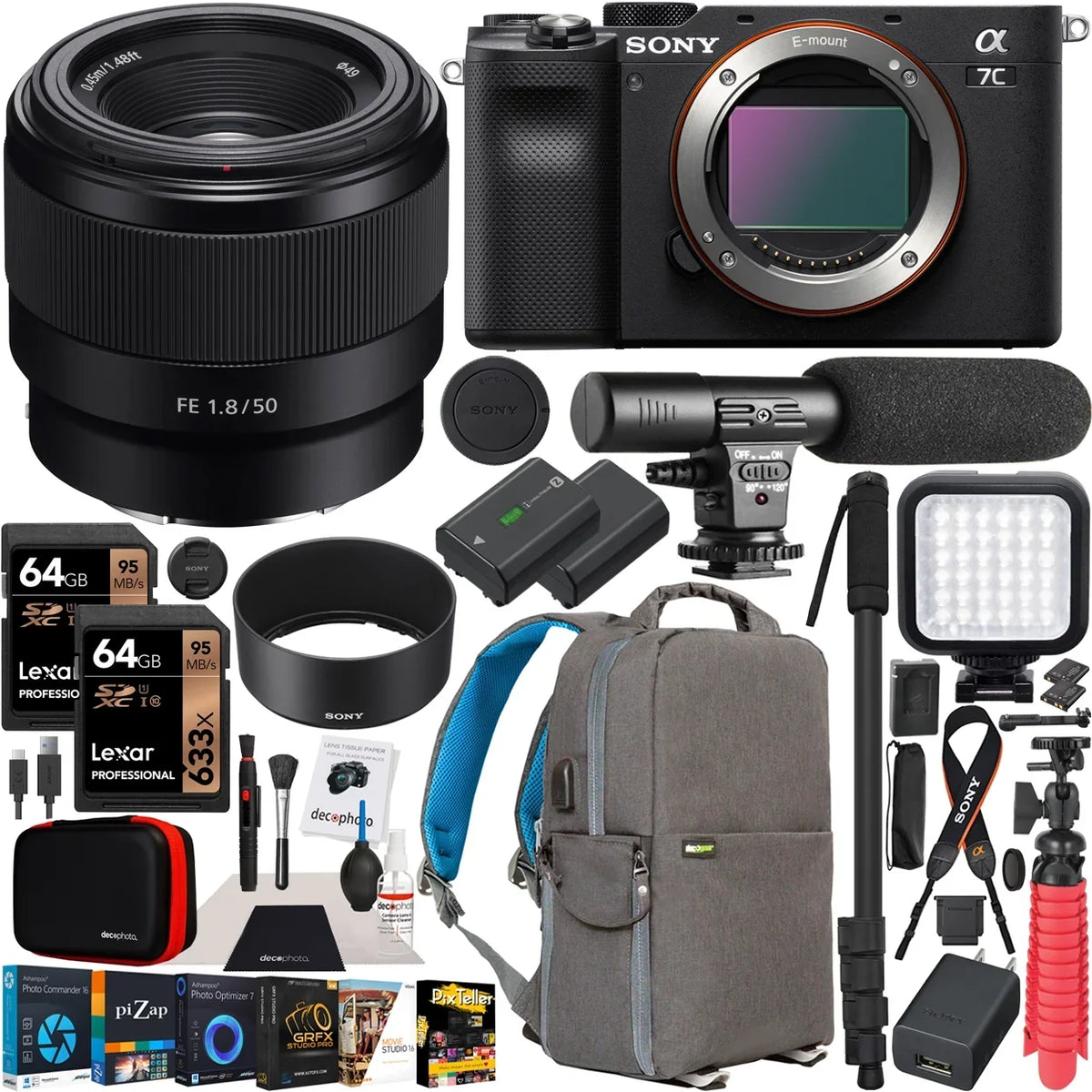 a7C Mirrorless Full Frame Camera Body with  FE 50mm F1.8 Full-frame Lens SEL50F18F Black ILCE7C/B Bundle with Deco Gear Photography Backpack Case , Software and Accessories