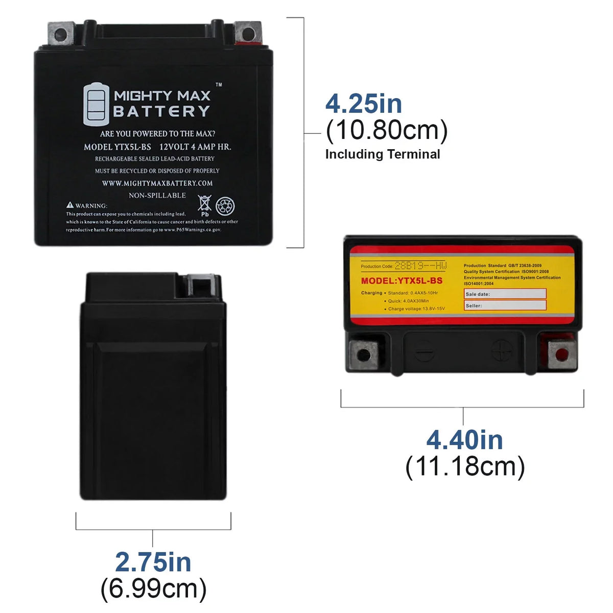 YTX5L-BS 12V 4AH Battery Replaces Kymco Super 9 - 50 2000 - 4 Pack