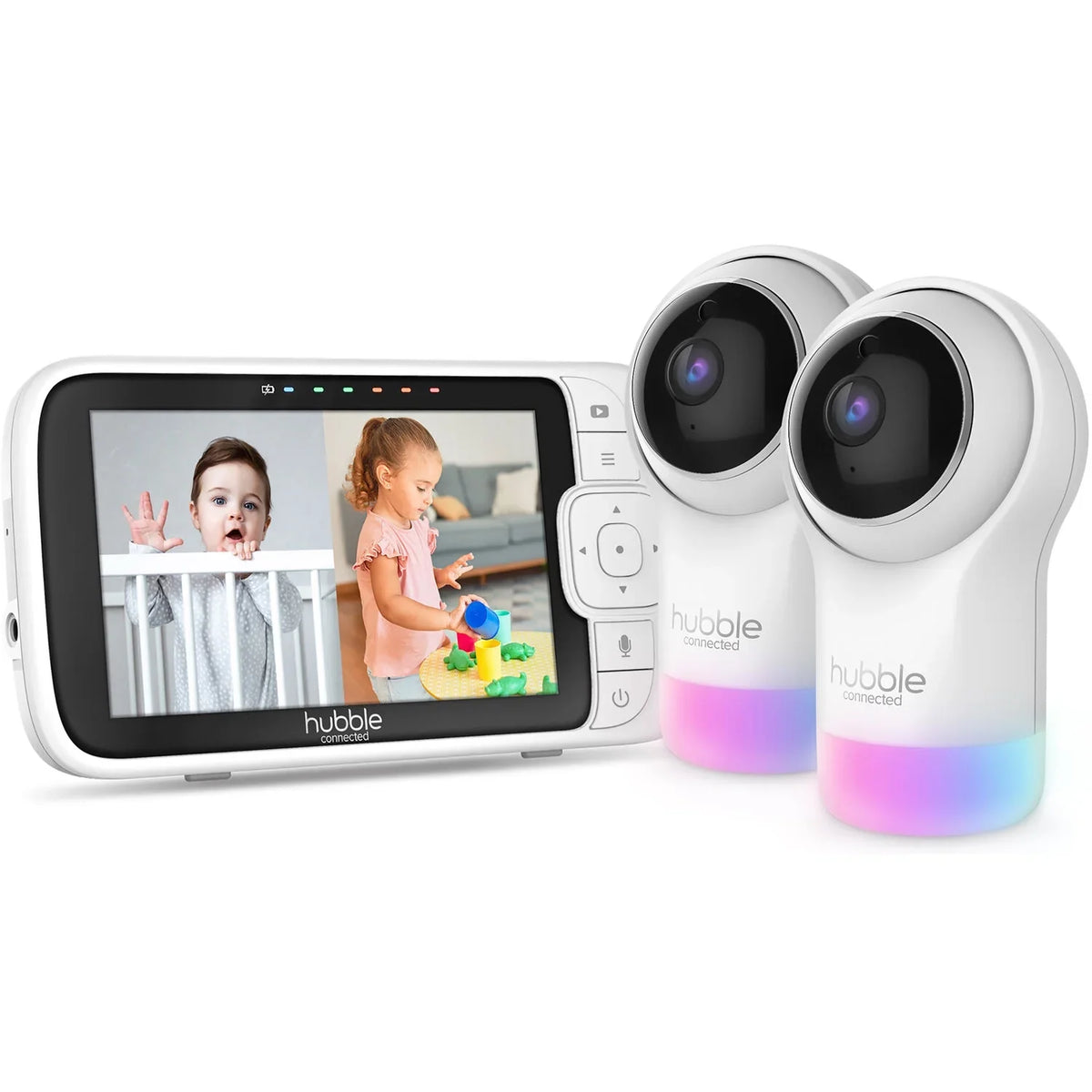 Hubble Connected Nursery Pal Glow+ Twin with 2 Cameras, HD Color Screen, and Hubble Grip in White