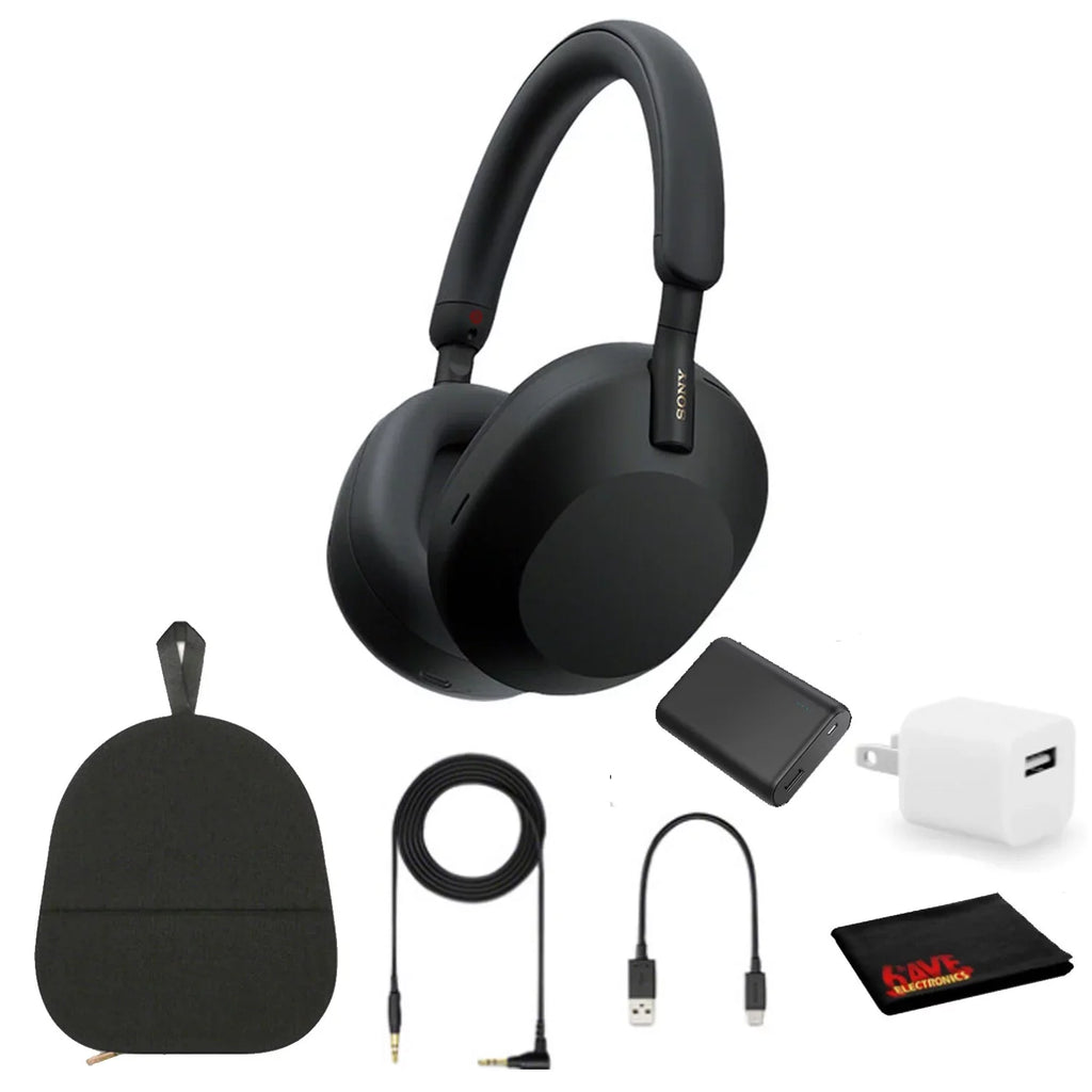 WH-1000XM5 Noise-Canceling Wireless Over-Ear Headphones (Black), 30 Hours Playback Time, Hands-Free Calling, Alexa Voice Control - Kit with Charging Cube and Portable Charger