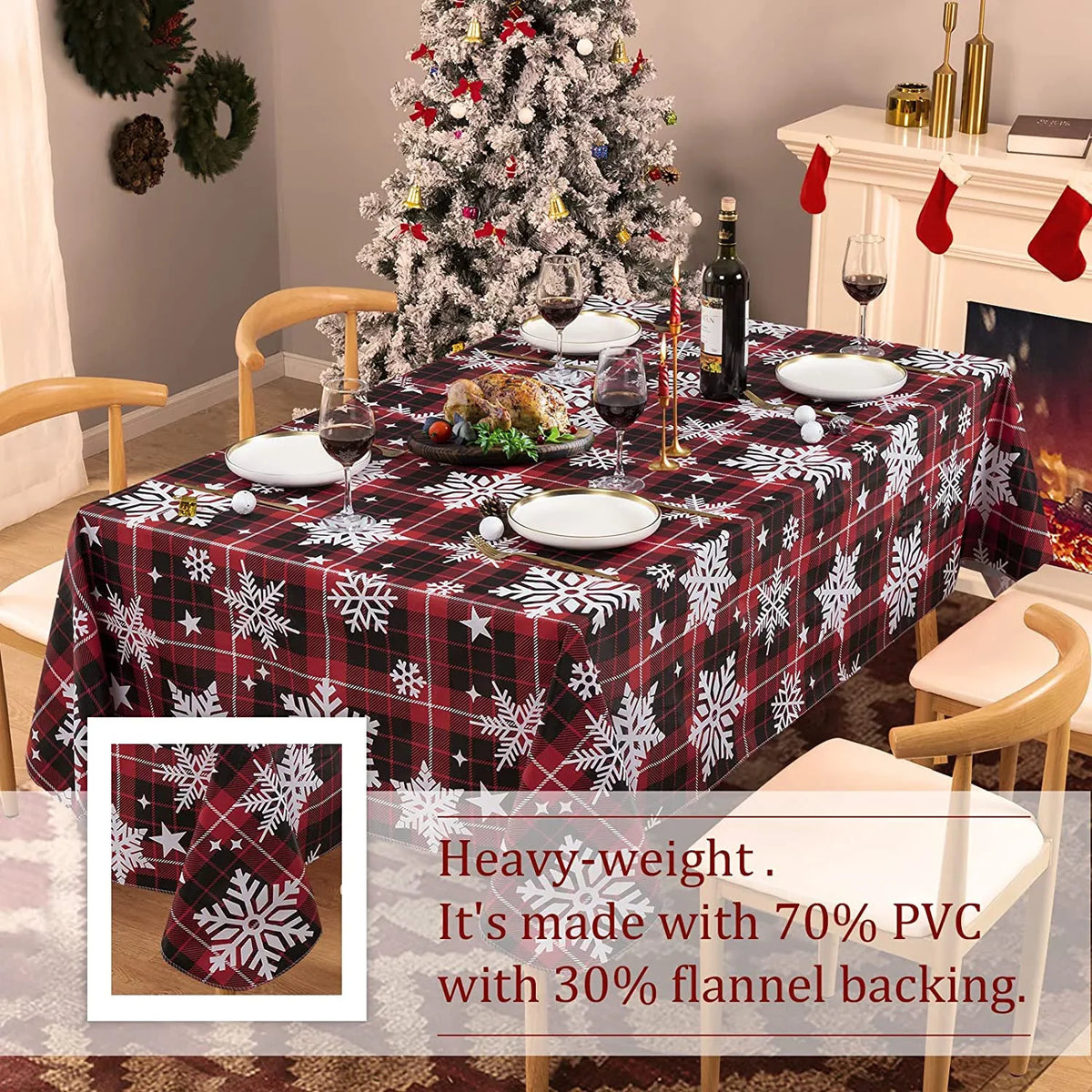 UMINEUX Christmas Tablecloth with Flannel Backing, Waterproof Wipeable Vinyl Rectangle Table wrap for Xmas Parties/Wedding/Holiday/Decoration Use - Heavy Duty Table wrap(60x102 Inch, Snowflake)