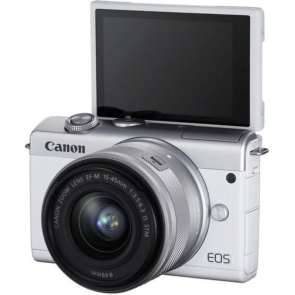 EOS M200 Mirrorless Digital Camera with 15-45mm Lens (White) Kit with Spare Battery + 2x 64GB Memory Cards + Tripod + More