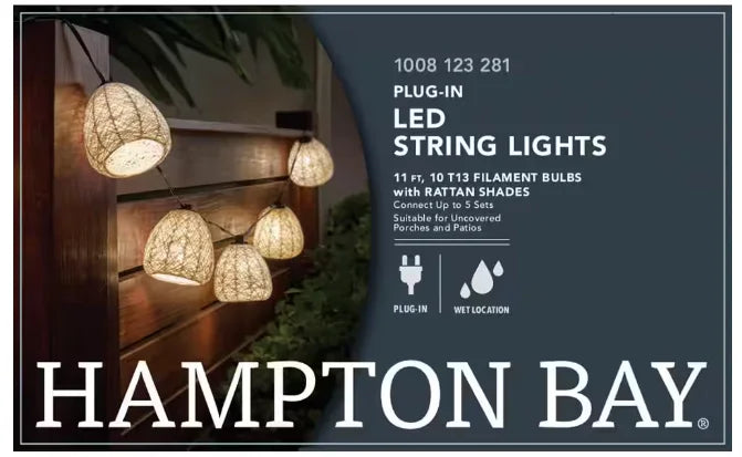 Plug-In Mini Bulb LED Natural Fiber String Light (10-Heads). Hampton Bay Outdoor/Indoor 11 ft
