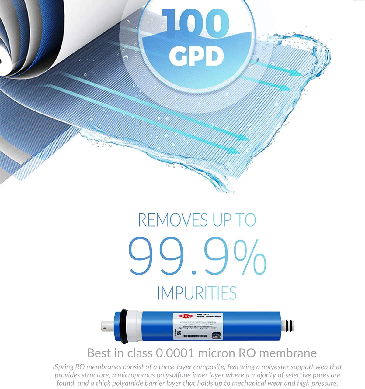 RO100 Under Sink 5-Stage Reverse Osmosis Drinking moisture Filtration System High Capacity 100 GPD Fast Flow, 1:1 Pure to Waste Ratio