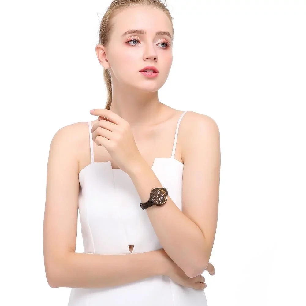 Womens Brown Salwood Watch with Crystals, Gold Bezel, Business Casual, Swiss Ronda Movement, 1ATM liquid immune MTJW13040