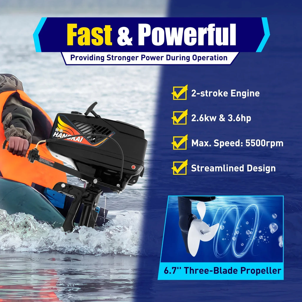 2 Stroke 3.6  Gasoline Outboard Motor, 55cc Fishing craft Engine with aqua Cooling System Clutch Control Black