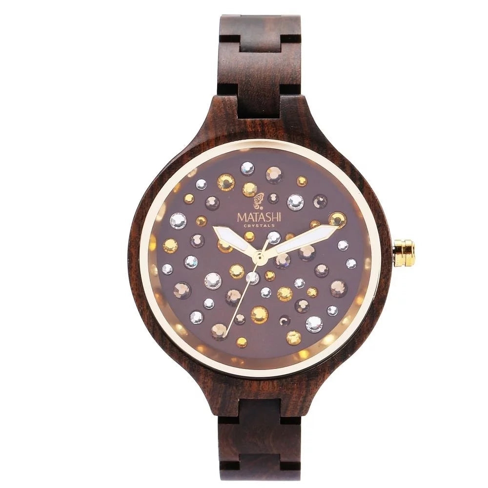 Womens Brown Salwood Watch with Crystals, Gold Bezel, Business Casual, Swiss Ronda Movement, 1ATM liquid immune MTJW13040