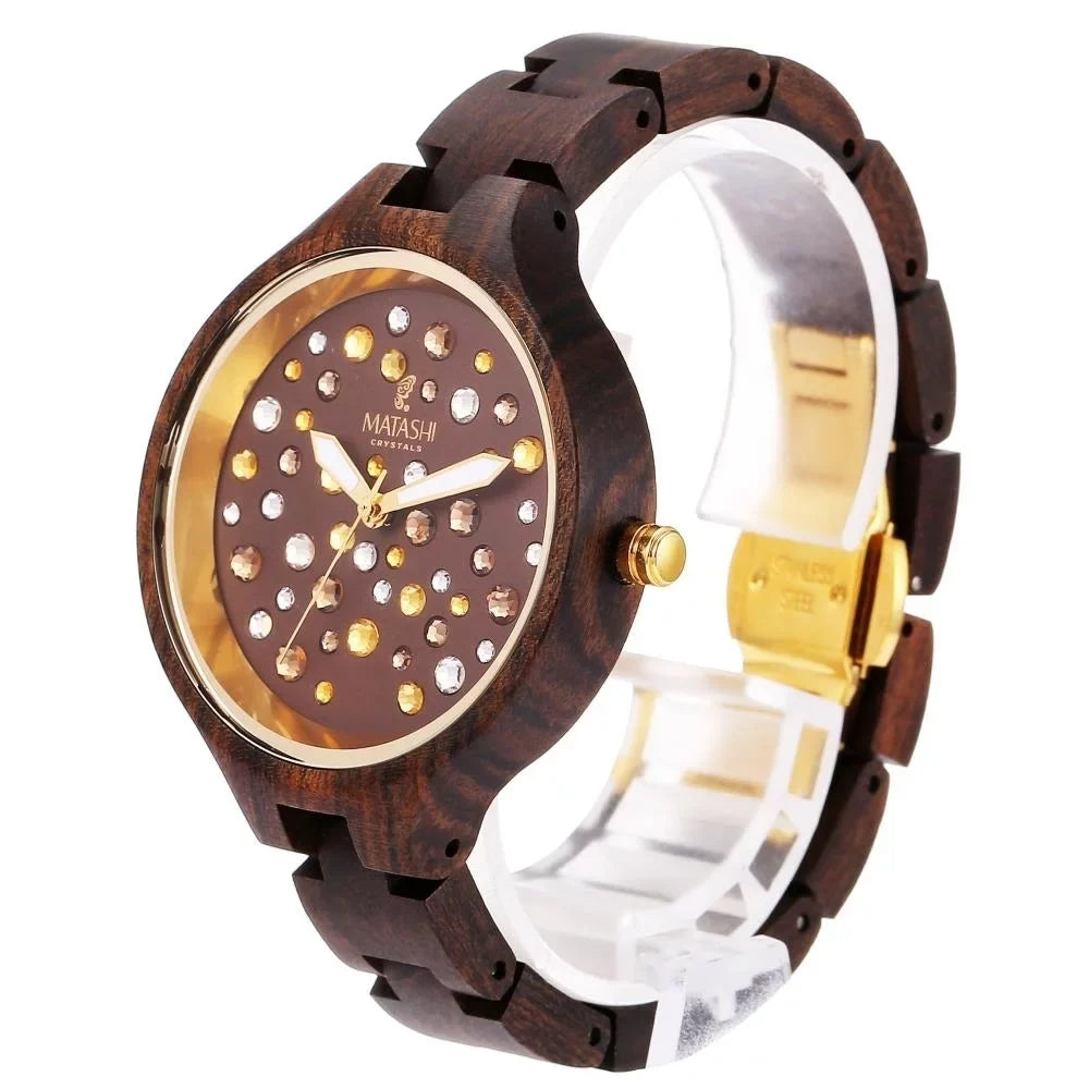 Womens Brown Salwood Watch with Crystals, Gold Bezel, Business Casual, Swiss Ronda Movement, 1ATM liquid immune MTJW13040
