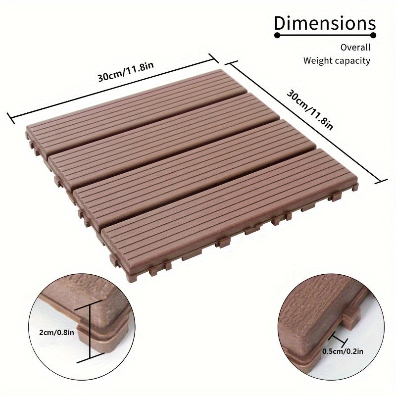 44 PCS Plastic Interlocking Deck Tiles-11.8"x11.8"Waterproof Outdoor Floor All elements Use,Patio Floor Decking Tiles for Porch Poolside Balcony Backyard,Stripe Texture,Brown