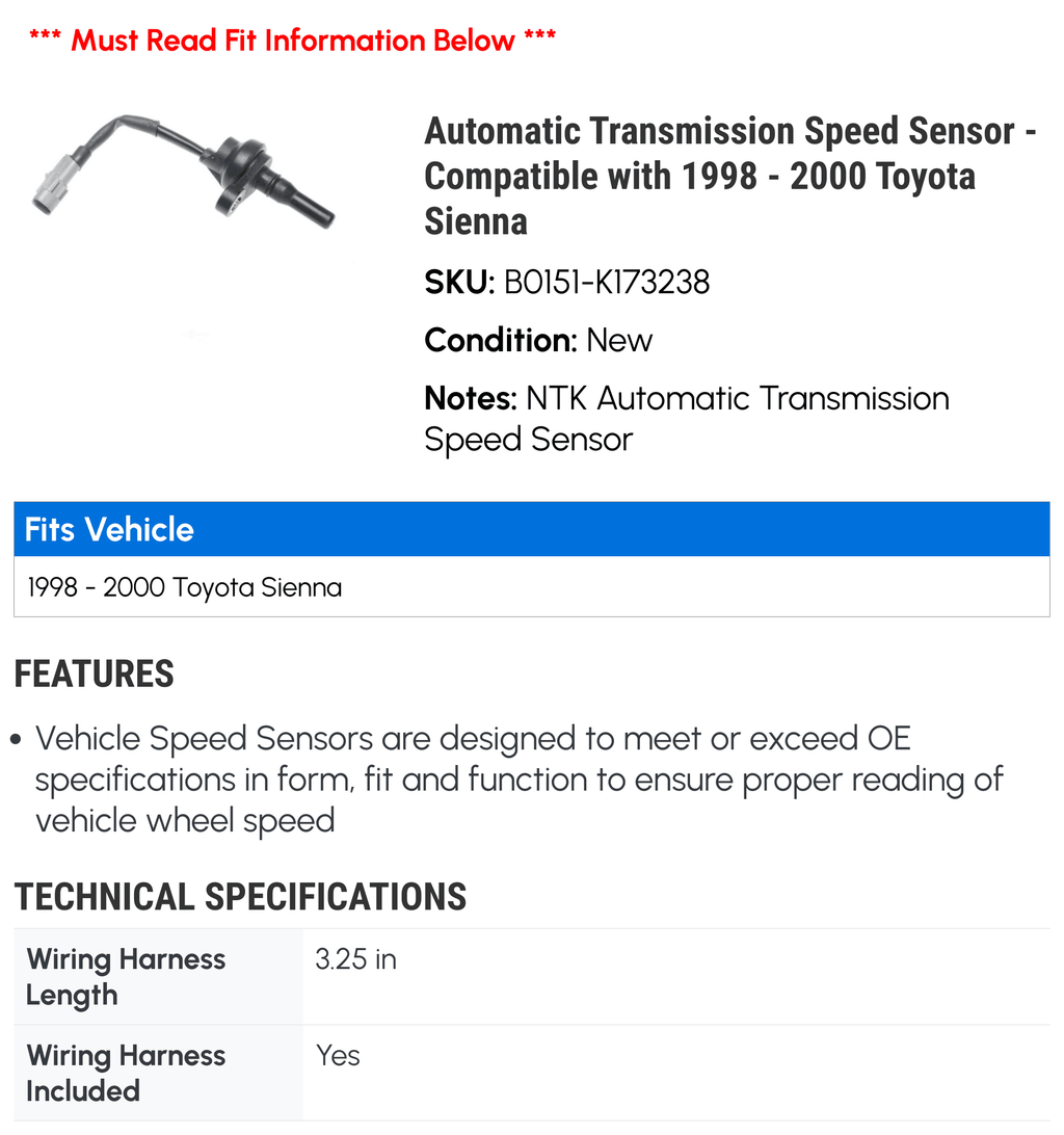 Automatic Transmission Speed Sensor - suitable with 1998 - 2000  Sienna 1999