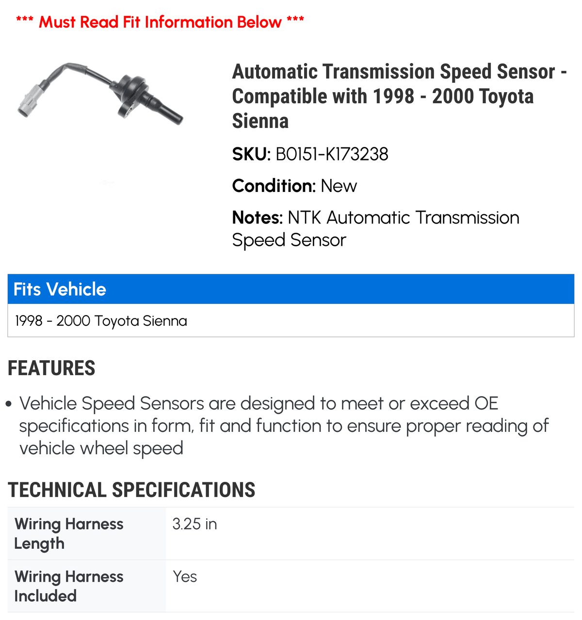 Automatic Transmission Speed Sensor - suitable with 1998 - 2000  Sienna 1999