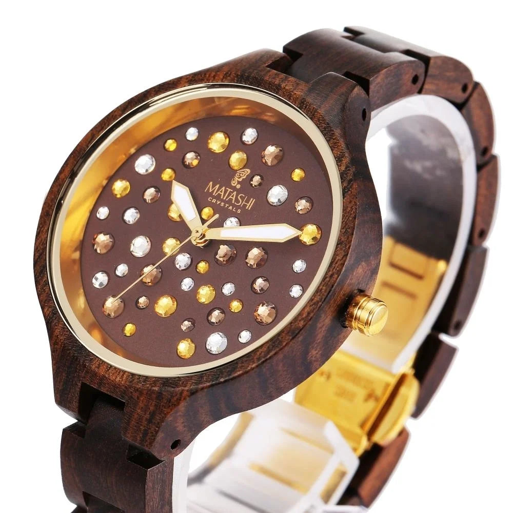 Womens Brown Salwood Watch with Crystals, Gold Bezel, Business Casual, Swiss Ronda Movement, 1ATM liquid immune MTJW13040