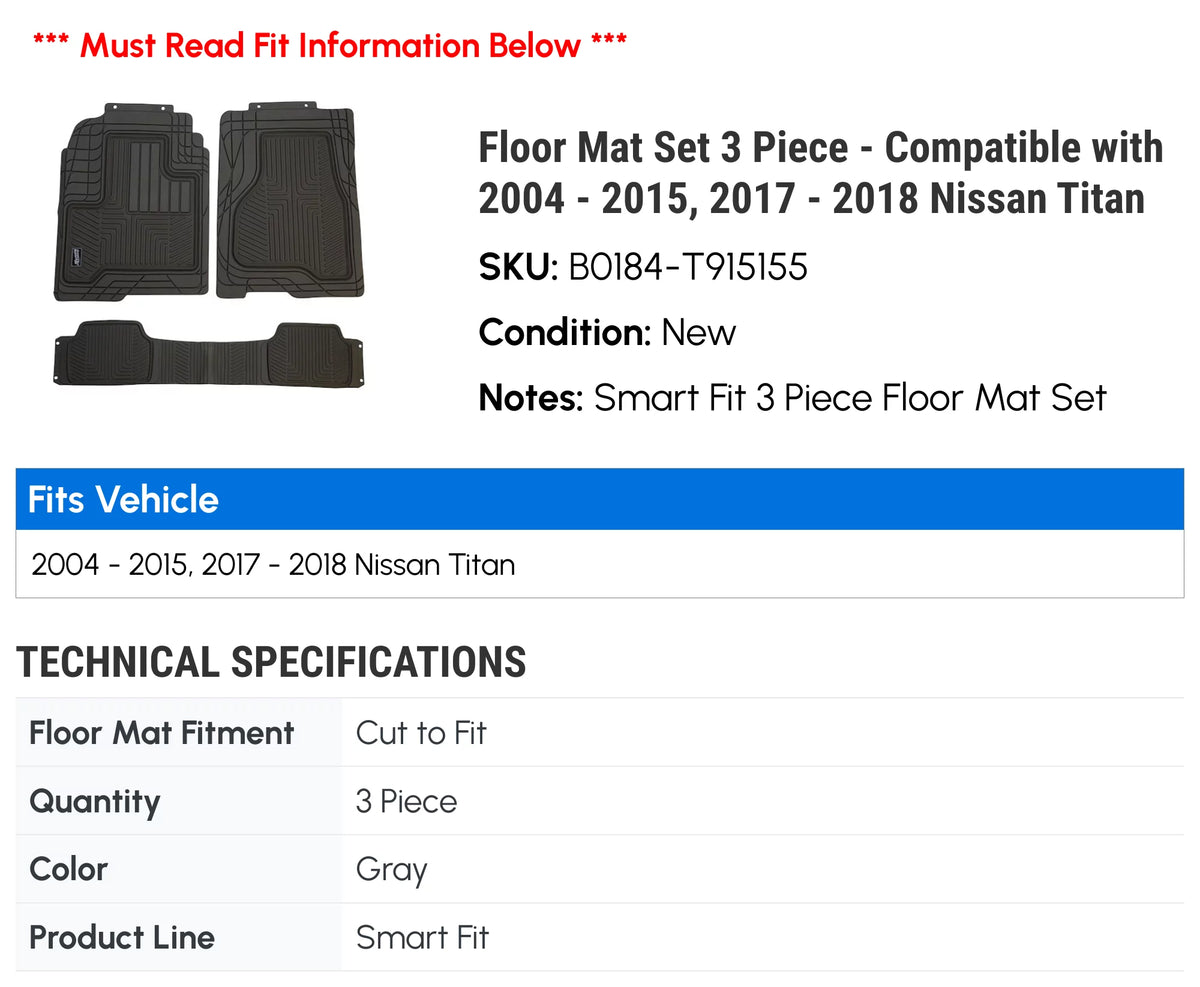 Floor Mat Set 3 Piece - appropriate with 2004 - 2015, 2017 - 2018 Nissan Titan 2005 2006 2007 2008 2009 2010 2011 2012 2013 2014