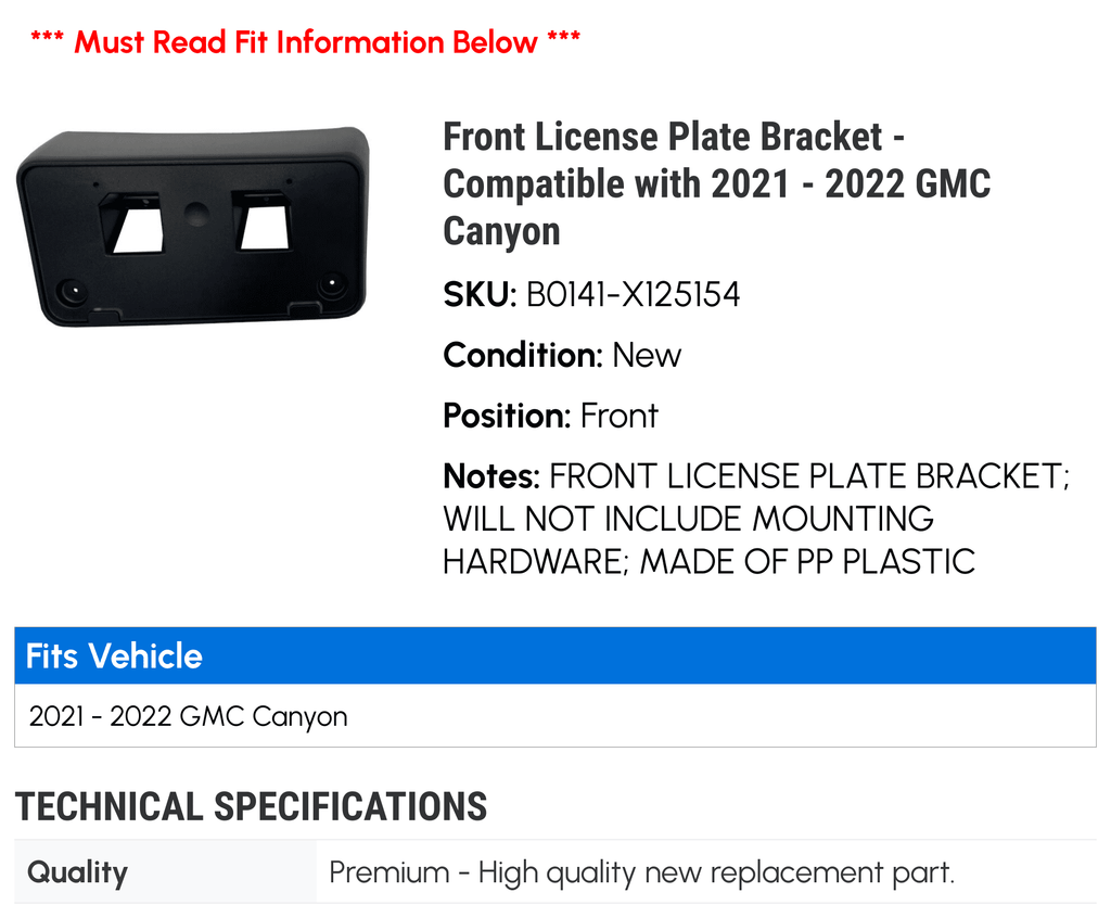 Front License Plate Bracket - appropriate with 2021 - 2022 GMC Canyon