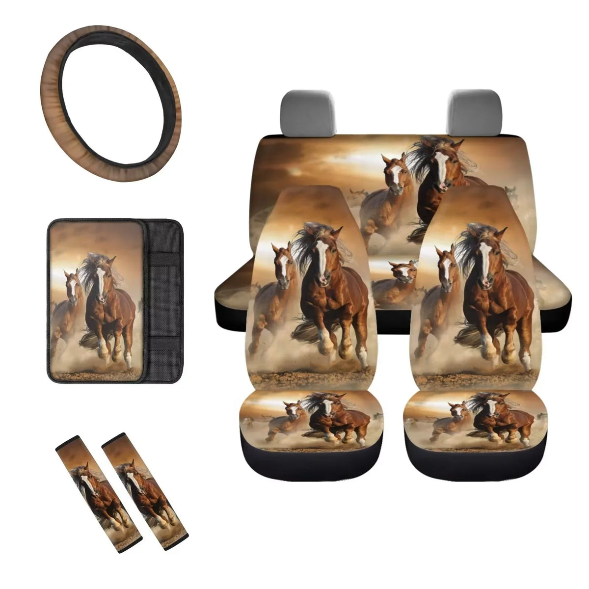 Binienty Car Seat shield for Carseat SUV Van Auto Interior Accessories,Center Console Pad,Front Back Seat Protector wrap,Steering Wheel Pad,Armrest protector,8pcs Running Horse Western Aztec Design