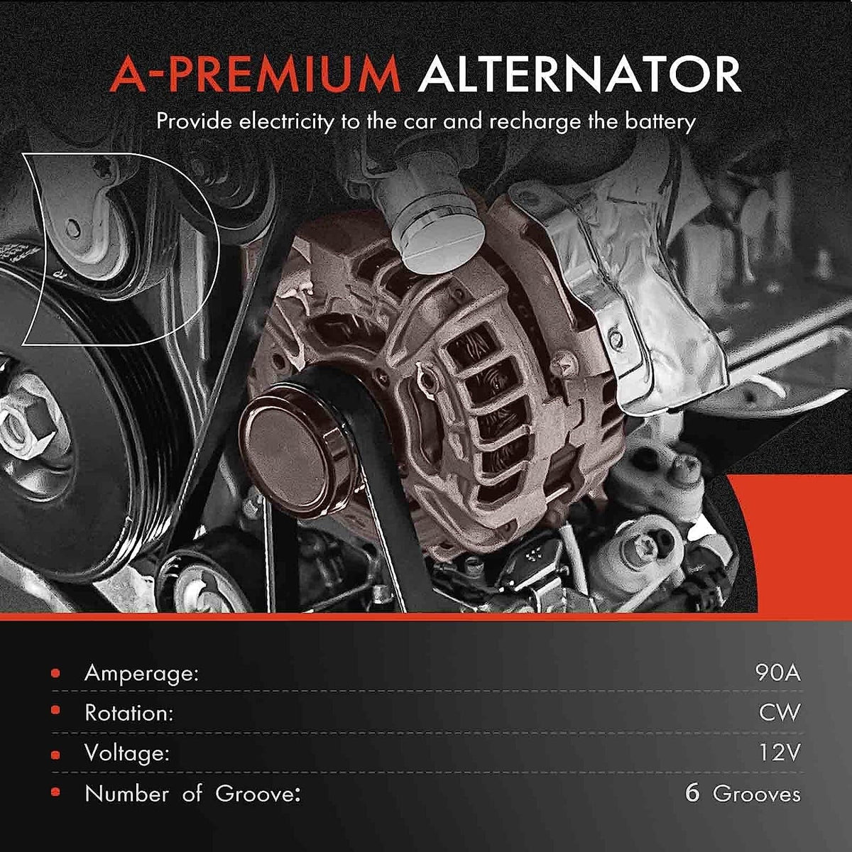 A-Premium Alternator matching with Isuzu Trooper 2000-2002 & Acura SLX 1999, V6 3.5L, 90Amp 12Volt CW 6-Groove Clutch Pulley