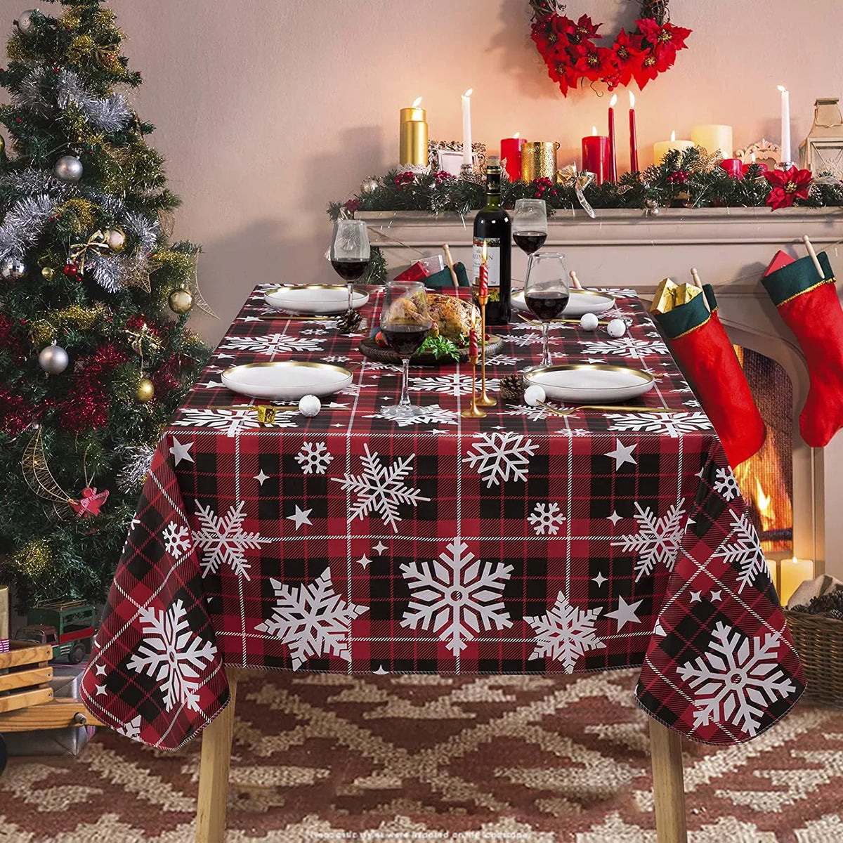 UMINEUX Christmas Tablecloth with Flannel Backing, Waterproof Wipeable Vinyl Rectangle Table wrap for Xmas Parties/Wedding/Holiday/Decoration Use - Heavy Duty Table wrap(60x102 Inch, Snowflake)