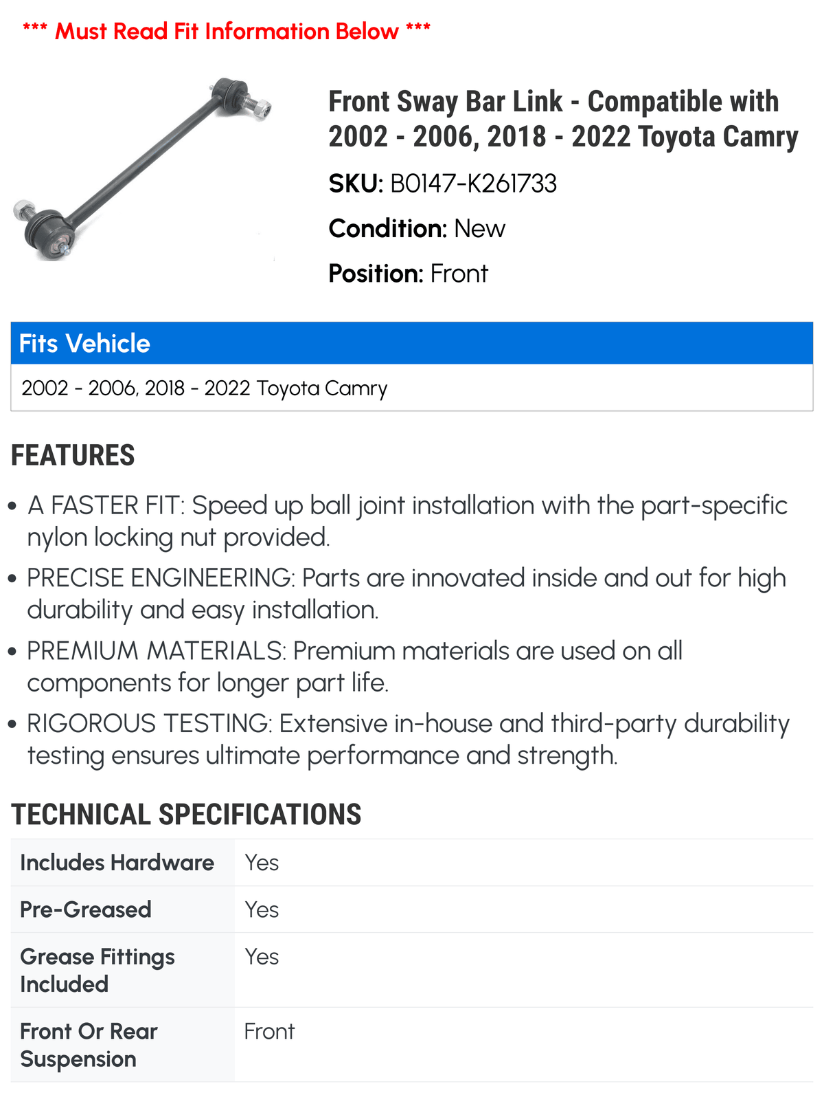 Front Sway Bar Link - suitable with 2002 - 2006, 2018 - 2022  Camry 2003 2004 2005 2019 2020 2021