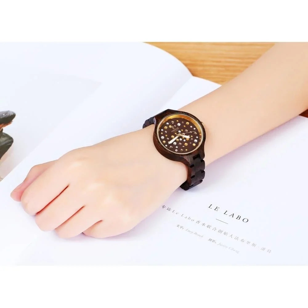 Womens Brown Salwood Watch with Crystals, Gold Bezel, Business Casual, Swiss Ronda Movement, 1ATM liquid immune MTJW13040
