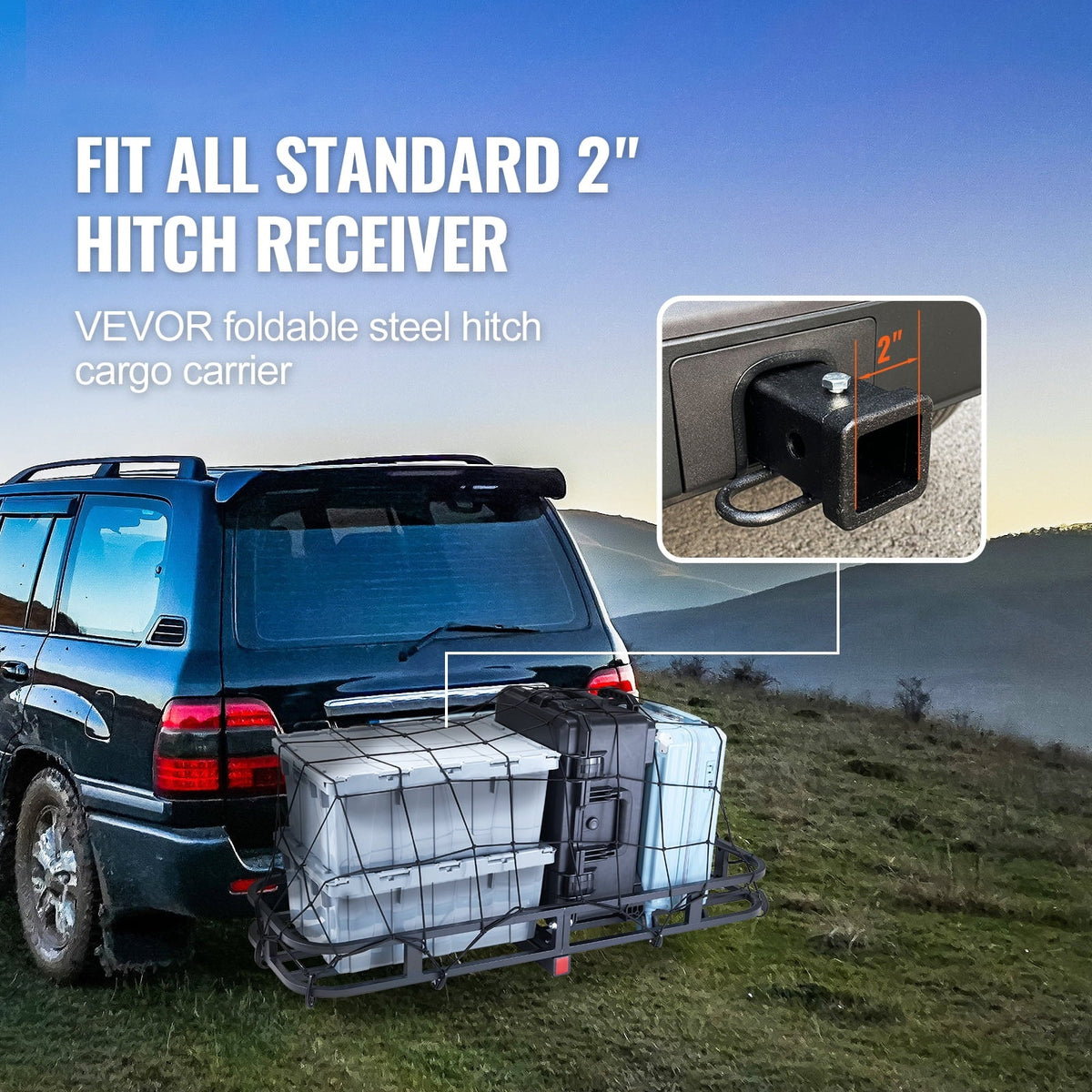 SKYSHALO Hitch Mount Cargo Carrier 500lb 53x19x5 in & Cargo Net Fits 2" Receiver