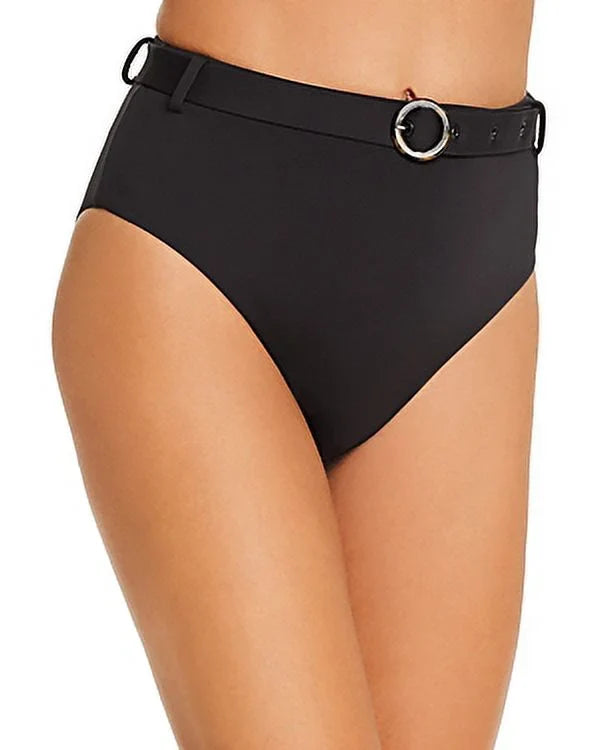 Aqua BLACK Belted High-Waist Bikini Swim Bottom, US Large