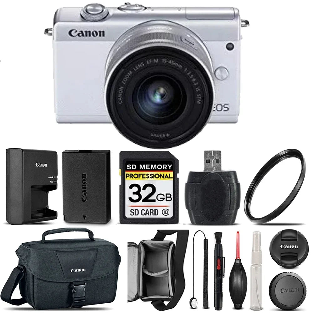 EOS M200 DSLR Camera (White) +  15-45mm IS STM Lens + 32GB Class 10 Memory Card +  EOS Shoulder Bag 100ES + 58mm UV Filter + Card Reader + Lens Cap Holder - International Version