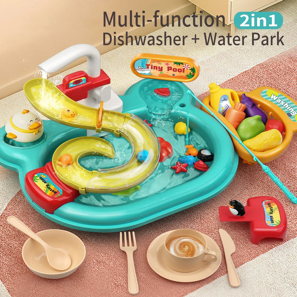 Nebublu Furnishing articles,Kitchen liquid A liquid Kitchen Dishwasher Pretend Role Play Slide 22pcs Kitchen 180rotatable With A 2-in-1 Kitchen aqua Slide Toddler Toy Sink With liquid Pretend Owsoo